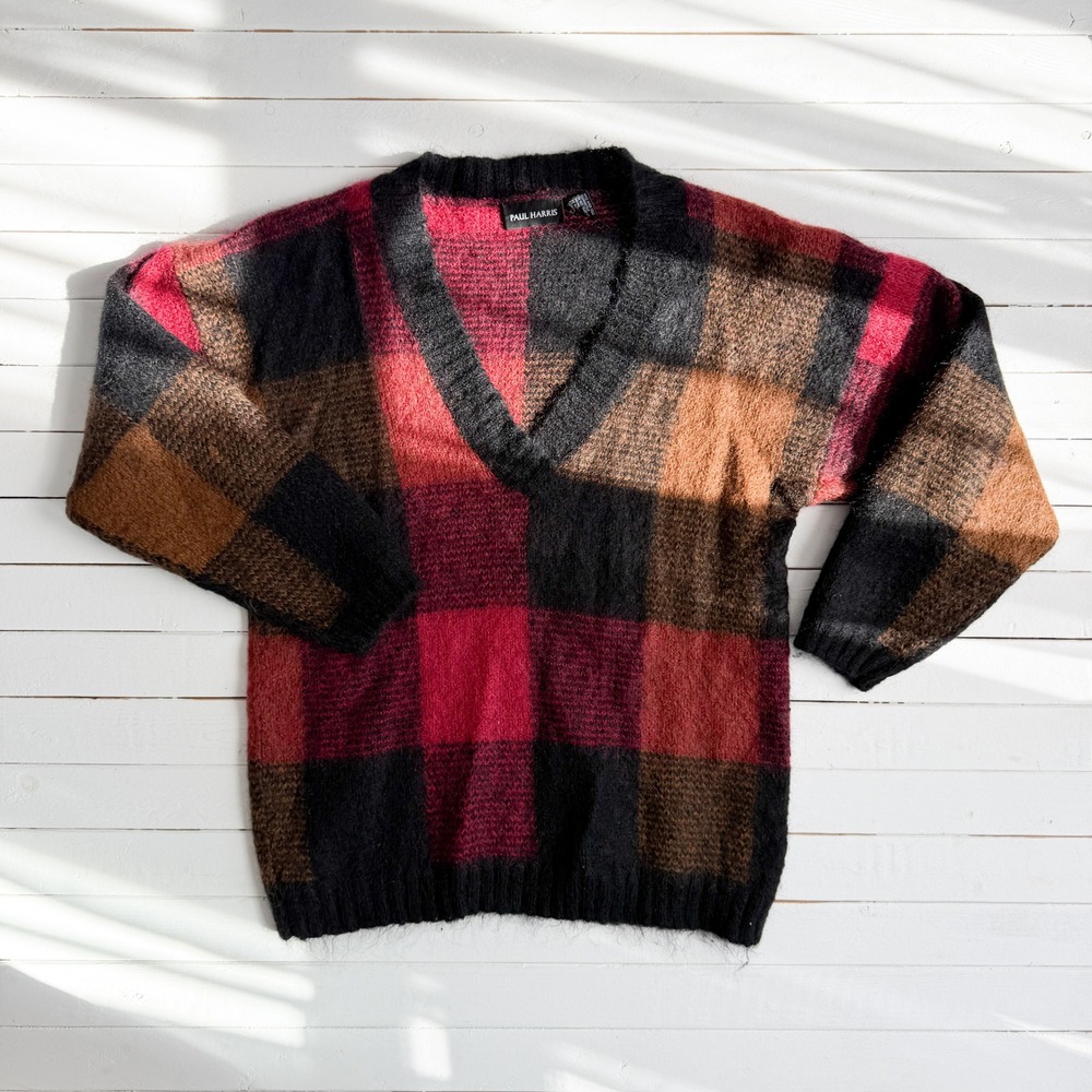 Paul Harris mohair sweater vtg red black plaid‎ sweater